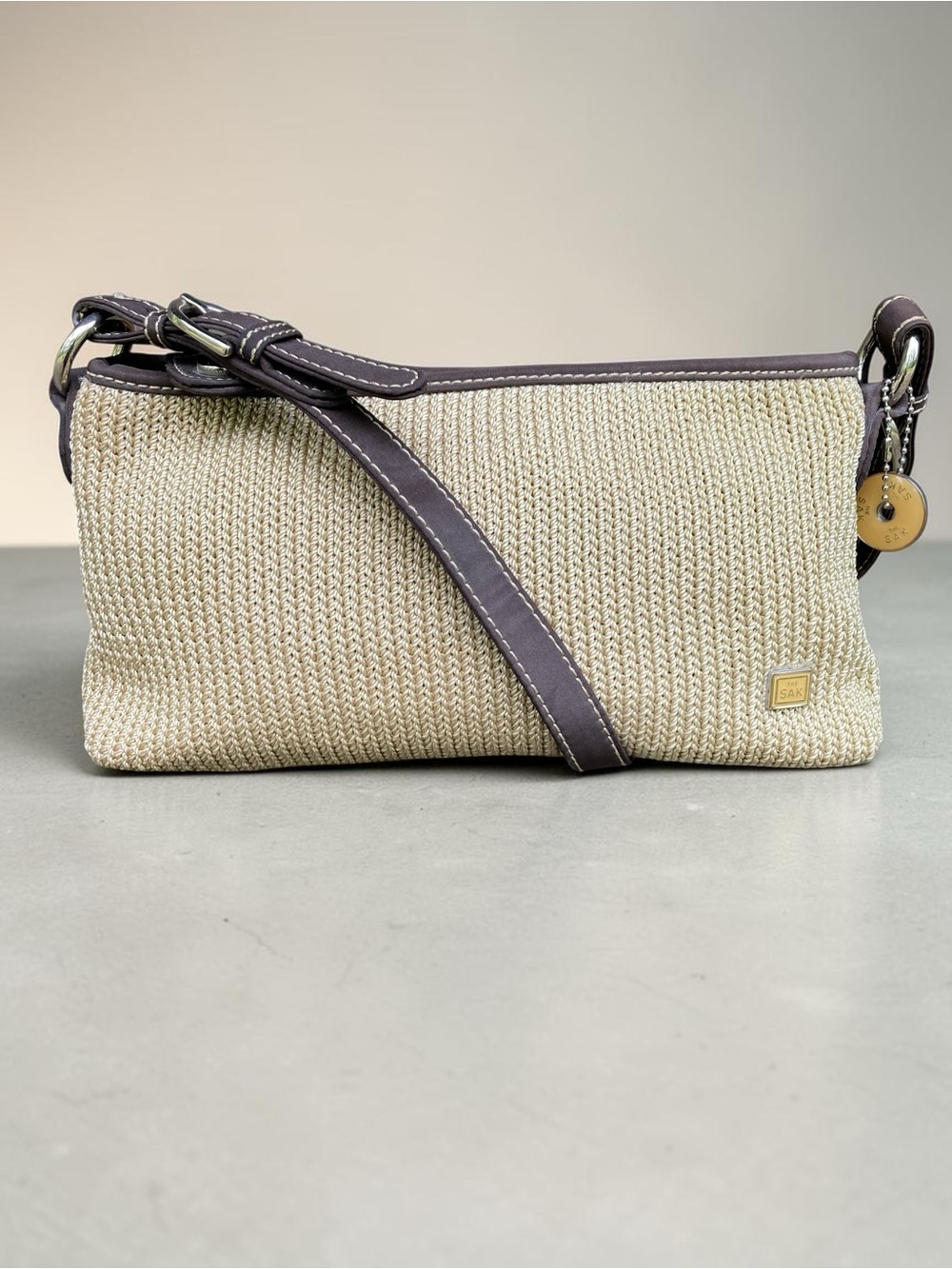 The Sak Woven Cream/Tan Shoulder Bag with Dark Trim